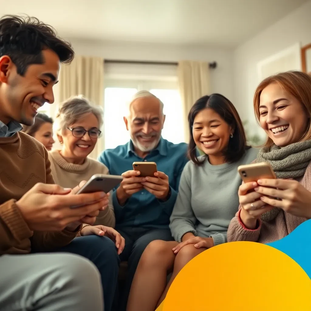 Família e jovens usando celulares sorrindo na sala — representa telefonia móvel