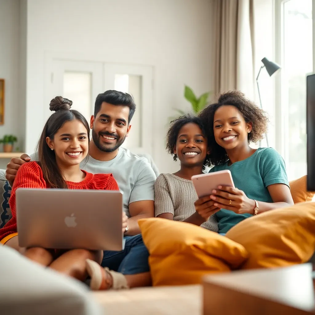 Família sorrindo na sala usando laptop, tablet e TV, representando conexão doméstica